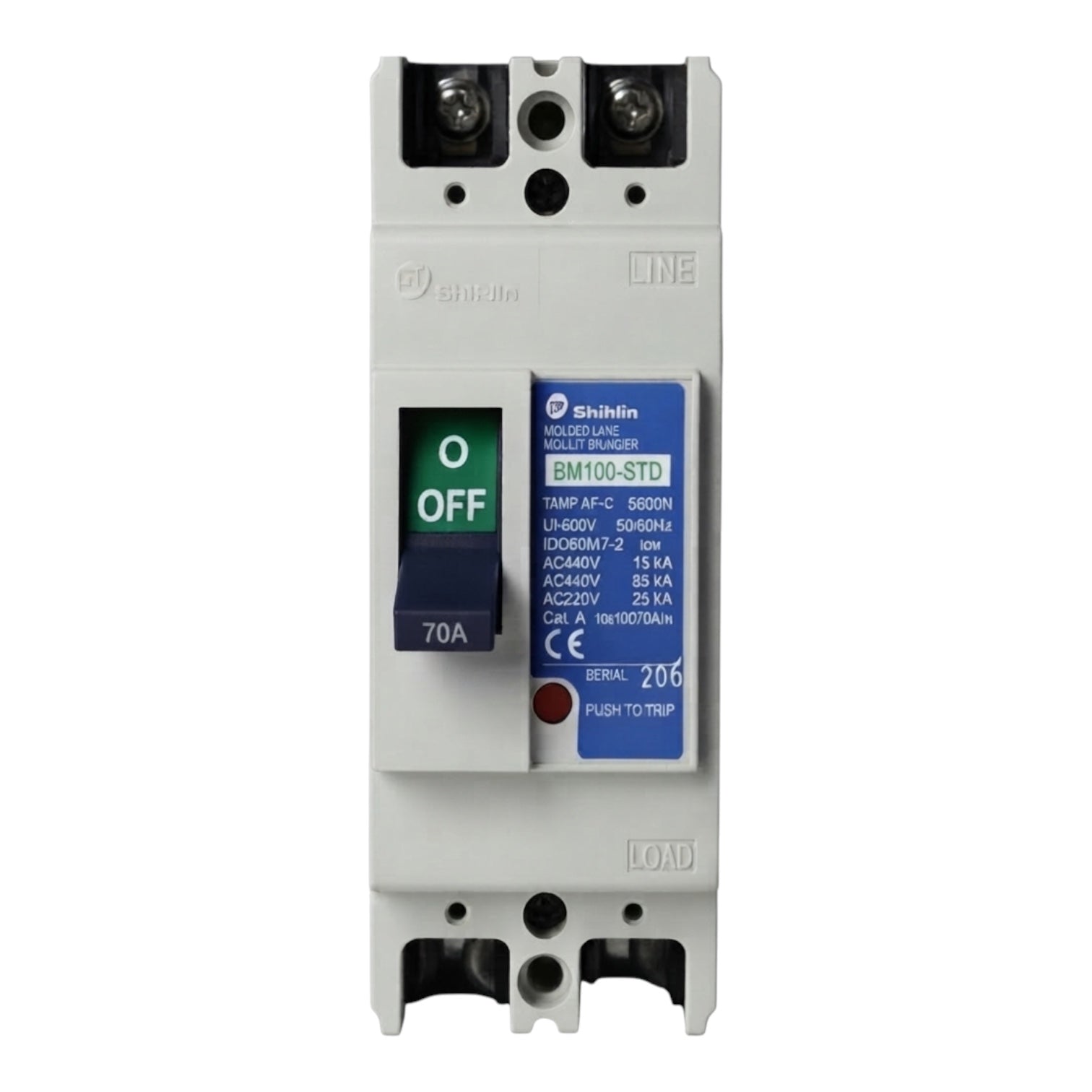 Shihlin BM100-STD molded case circuit breaker, 70A AC 240V, featuring a light gray plastic housing, dark gray terminal blocks, and blue and white control labels with a black switch.