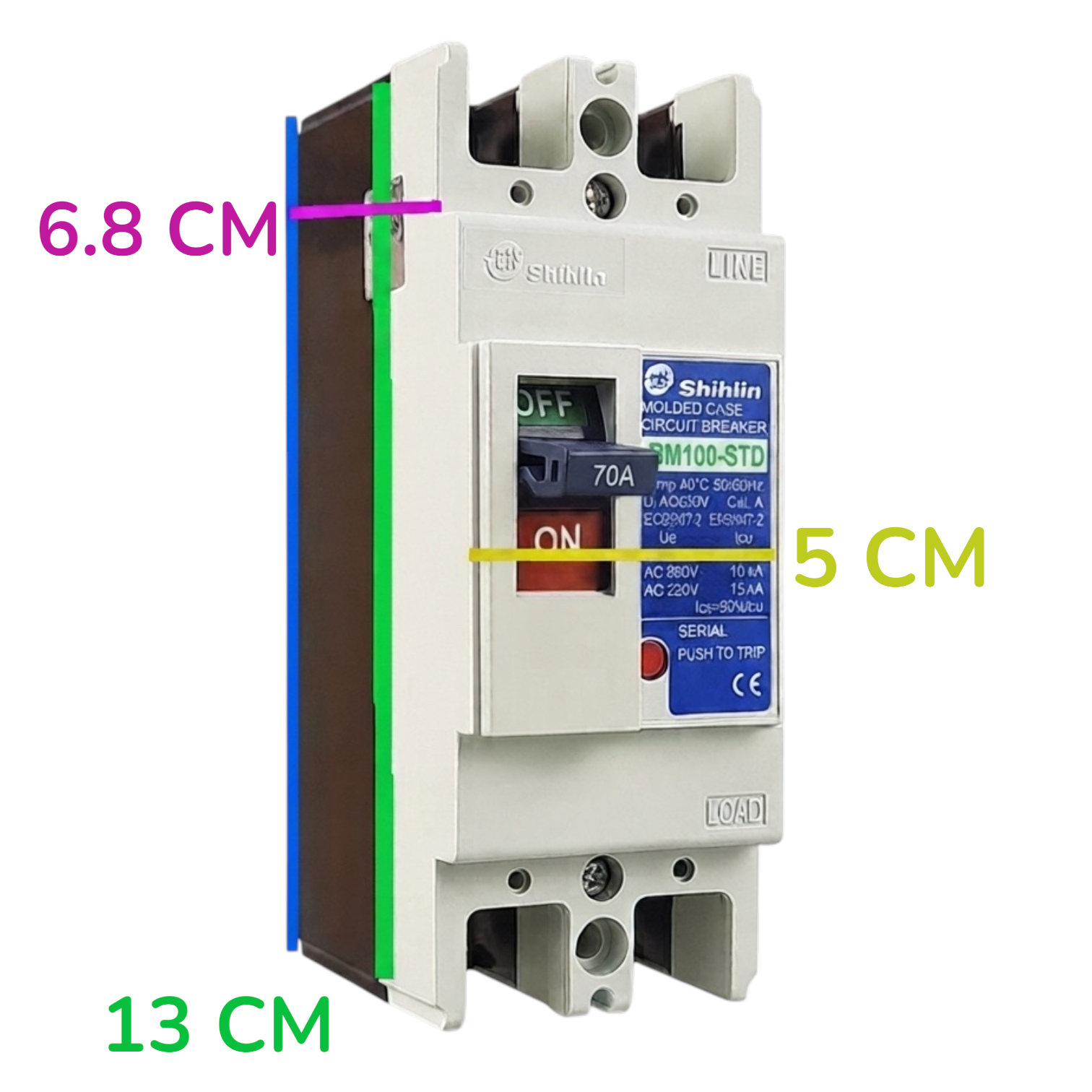 A Shihlin AC 2P modular circuit breaker with dimension annotations showing 13 cm total width, 5 cm front switch area, and 6.8 cm side depth, on a plain white background.