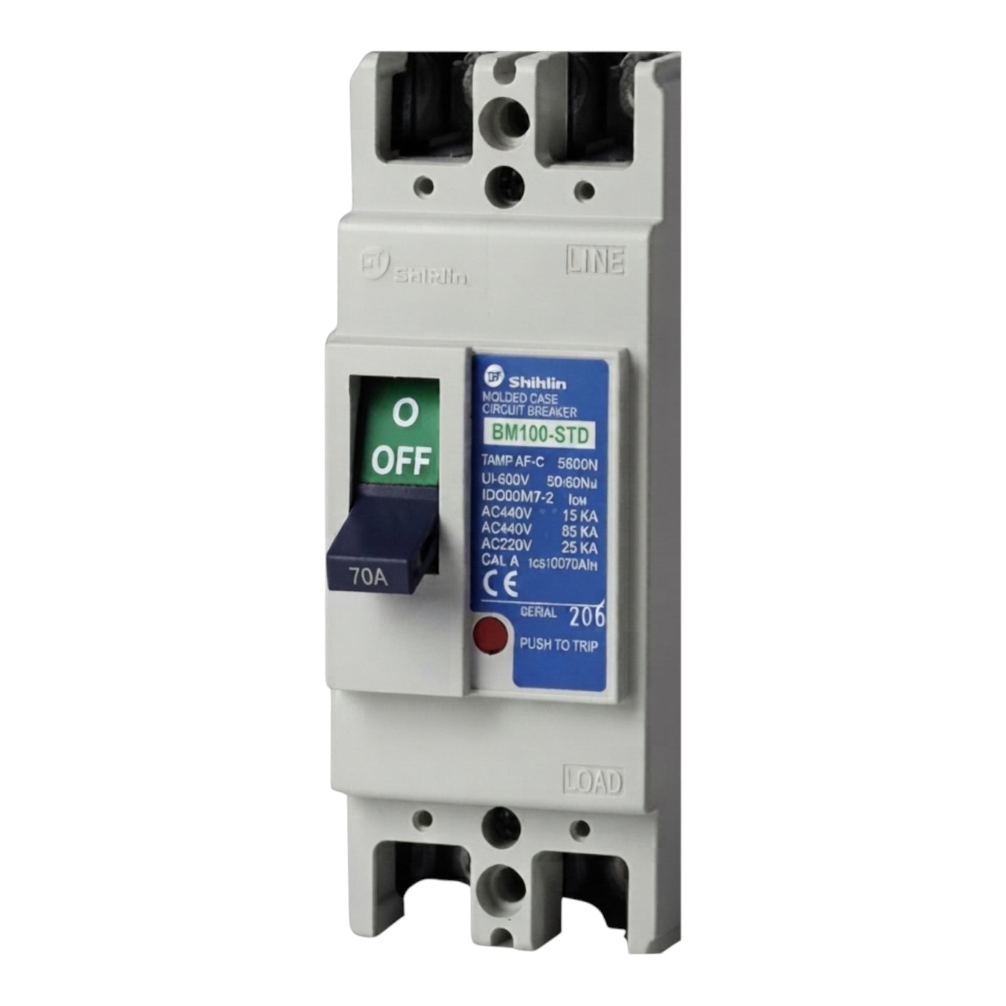 Shihlin BM100-STD 70A molded circuit breaker with a gray plastic housing, a green and black OFF switch, and a blue technical label.