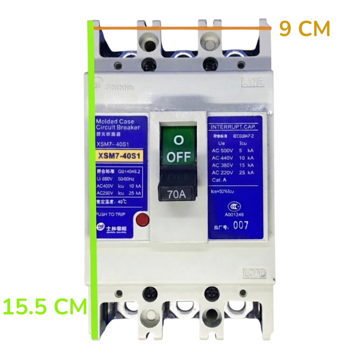 A molded case circuit breaker shown front-on against a white background, with measurement annotations indicating 9 cm width and 15.5 cm height.