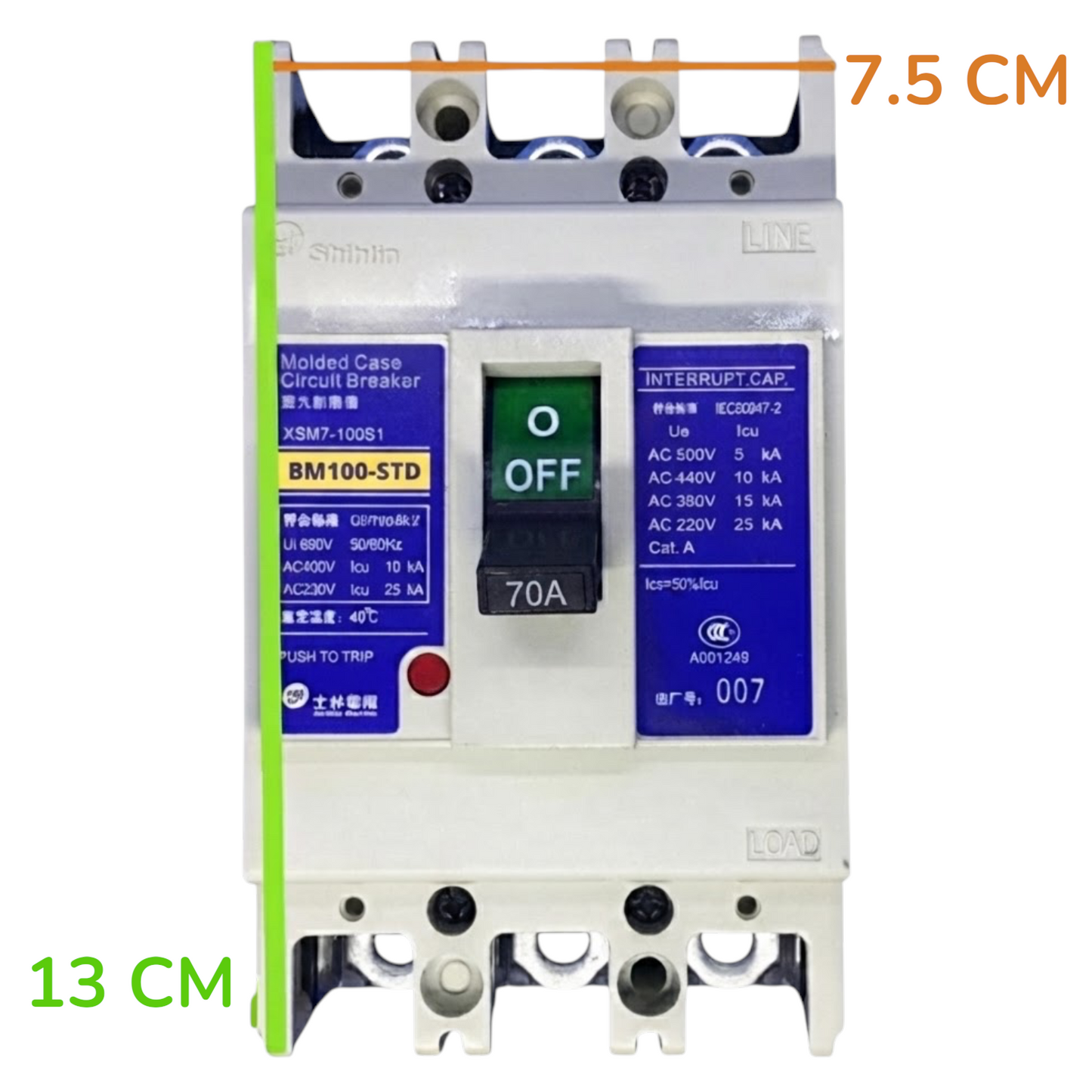 A molded case circuit breaker shown front-on against a white background, with green measurement lines and text indicating 13 CM height and 7.5 CM width.