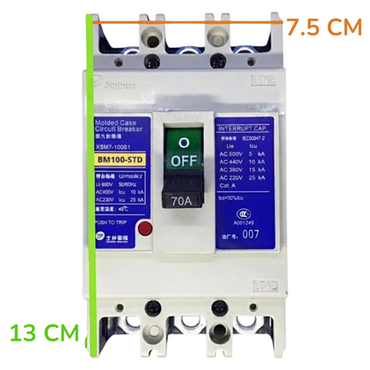 A molded case circuit breaker shown front-on against a white background, with green measurement lines and text indicating 13 CM height and 7.5 CM width.