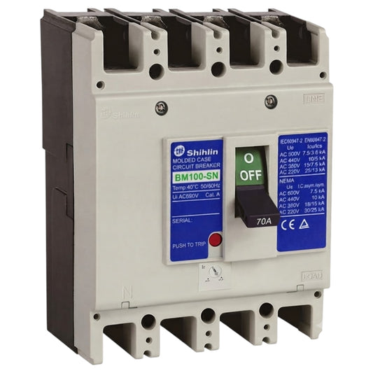 Shihlin 70A 4P Molded Case Circuit Breaker 25 KAIC 220V MCCB BM100SN4P70A