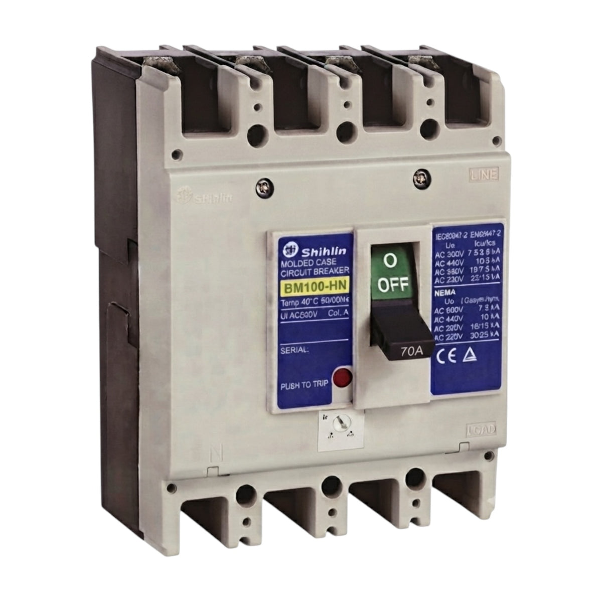 Shihlin BM100-HN molded case circuit breaker, 70A AC 240V, featuring a light gray plastic housing, dark gray terminal blocks, and blue and white control labels with a black switch.