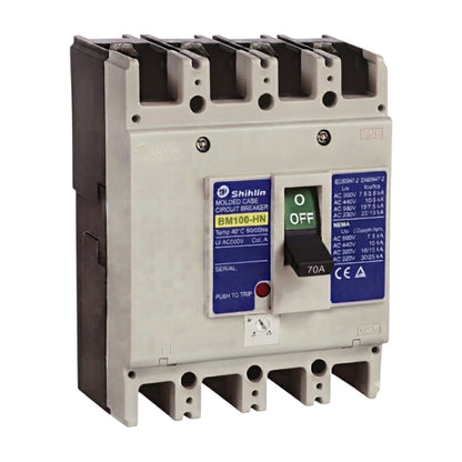 Shihlin BM100-HN molded case circuit breaker, 70A AC 240V, featuring a light gray plastic housing, dark gray terminal blocks, and blue and white control labels with a black switch.