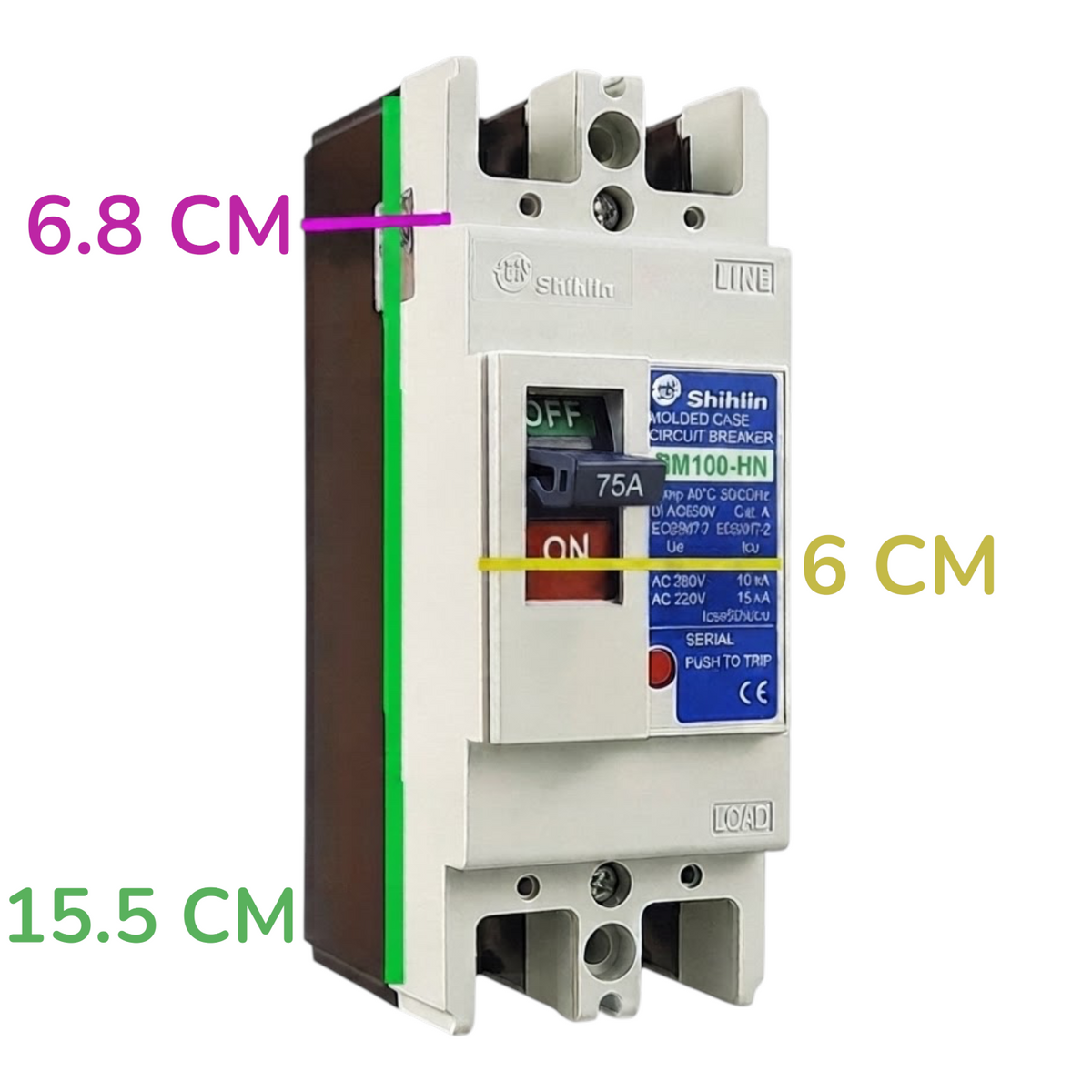 Shihlin BM100-HN MCCB protective relay with dimension annotations showing 15.5 cm overall height, 6 cm front panel width, and 6.