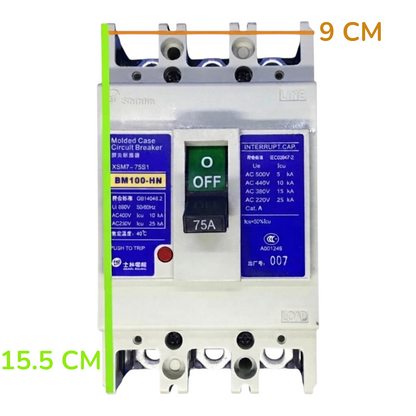 A molded case circuit breaker shown front-on against a white background, with orange and green measurement overlays indicating 9 cm width and 15.5 cm height.