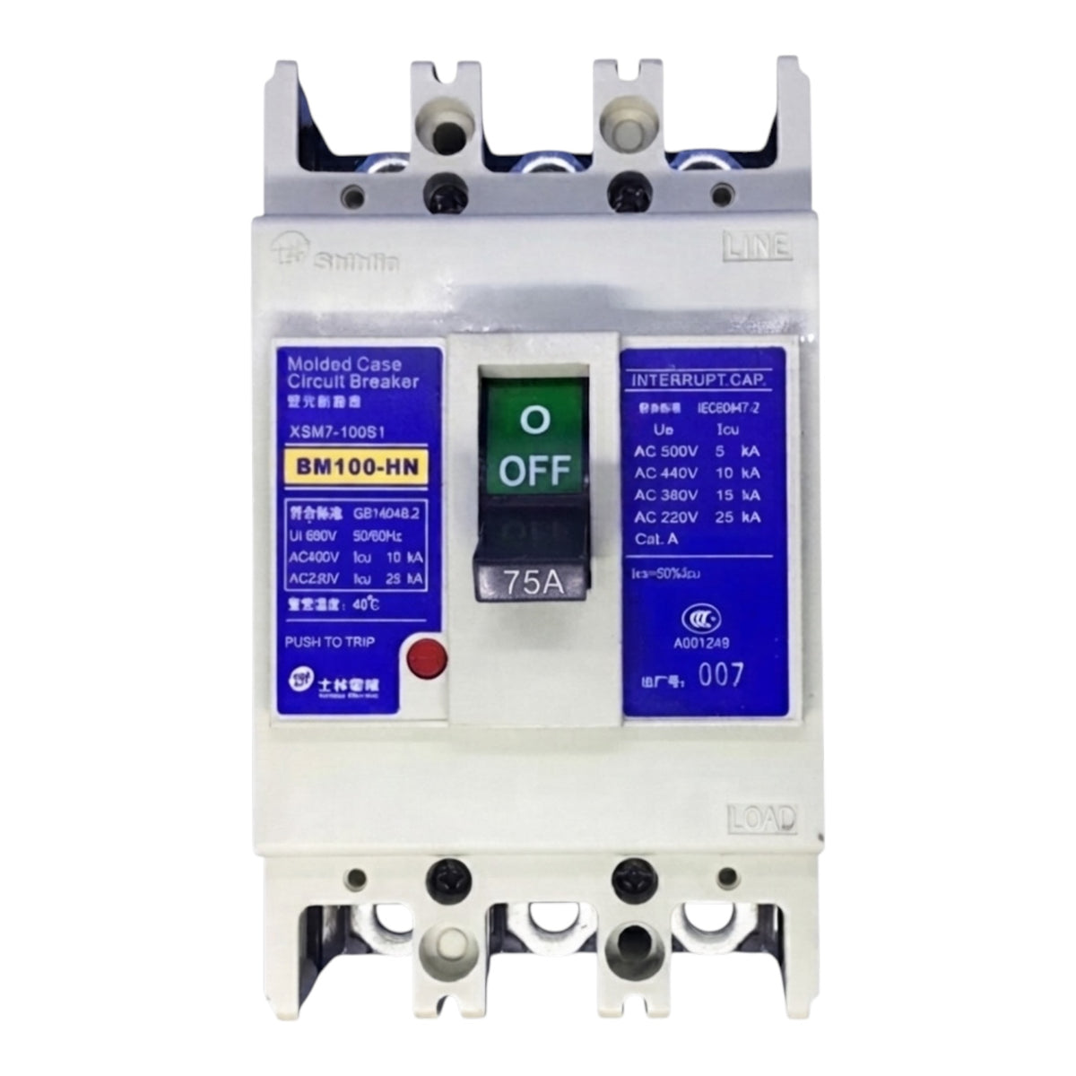 A molded case circuit breaker with an interrupter cap, model BM100-HN, featuring a white plastic body, blue labels, and a central green and black switch.