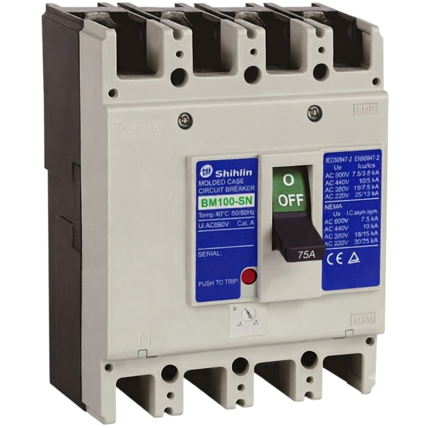 Shihlin 75A 4P Molded Case Circuit Breaker 25 KAIC 220V MCCB BM100SN4P75A
