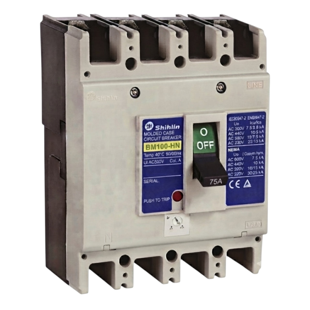 Shihlin BM100-HN molded case circuit breaker, 75A AC 240V, Col A, featuring a gray plastic housing, black terminal covers, and blue and white label stickers.