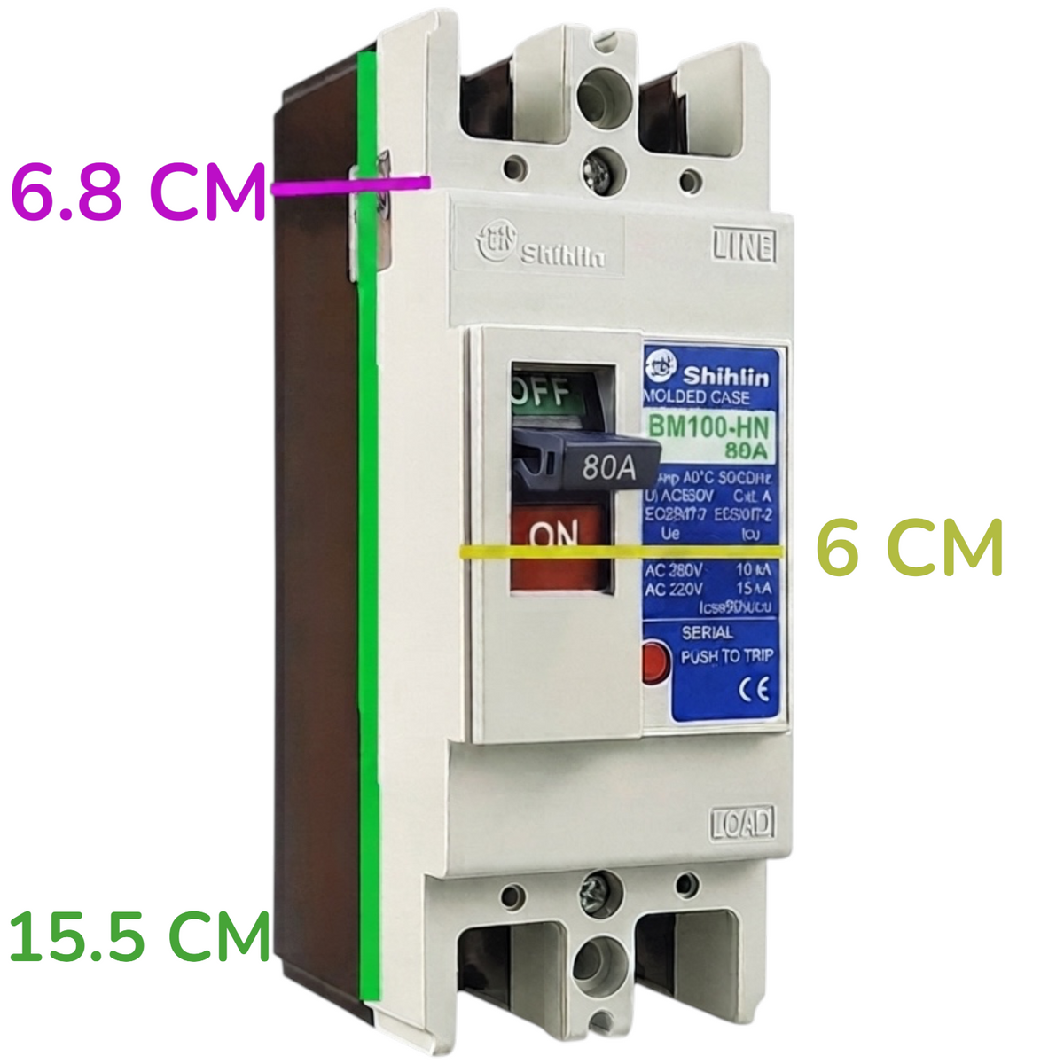 Shihlin molded circuit breaker BM100-HN 63A, 80A, AC 230V, with dimension annotations showing 15.5 cm total height, 6.