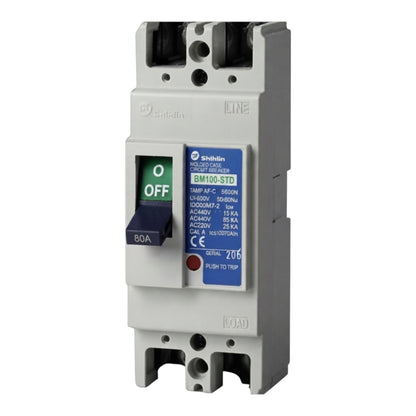 A Shihlin Electric BM100-STD molded circuit breaker in a light gray plastic housing, featuring a black switch handle with a green O/F indicator and a blue product information label.