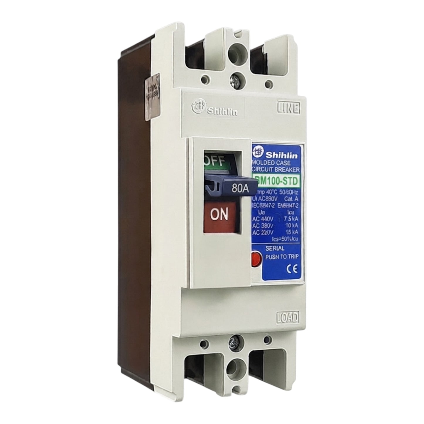 Shihlin BM100-STD 80A molded circuit breaker with a white front, brown side, and blue label, shown on a white background.