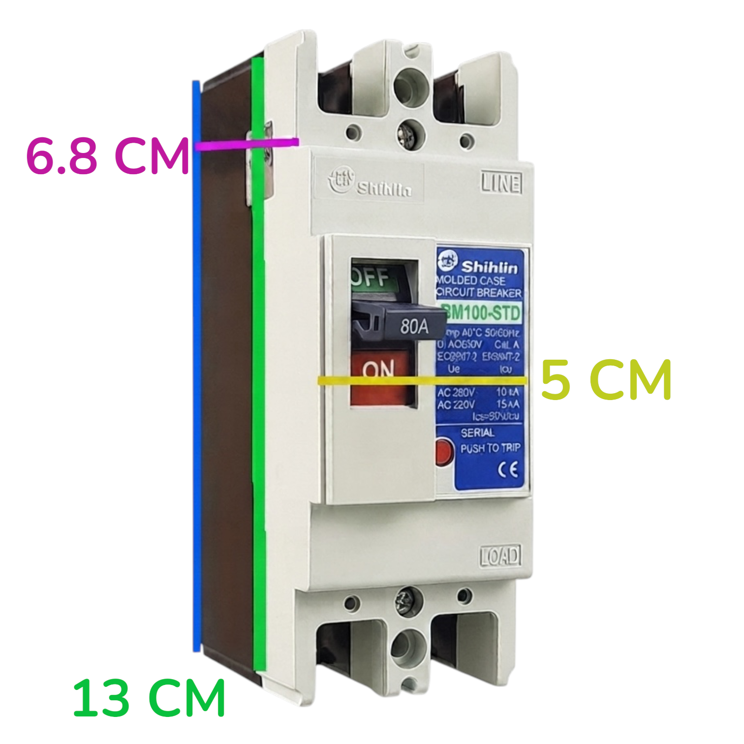 A Shihlin molded plastic circuit breaker shown on a plain white background with overlaid dimension labels: 6.8 cm, 5 cm, and 13 cm indicating measurements on the product.