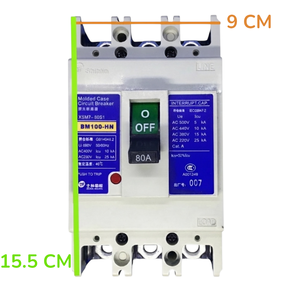 A molded case circuit breaker shown front-on against a plain white background, with orange and green measurement annotations indicating 9 cm width and 15.5 cm height.
