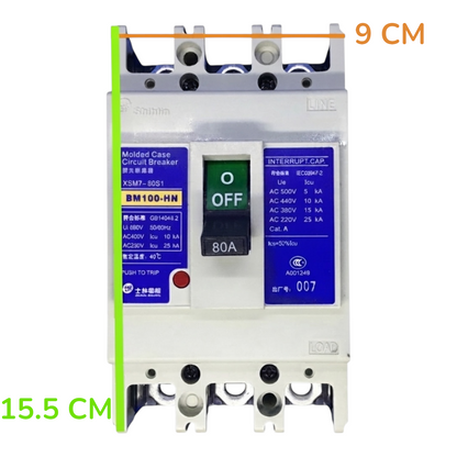 A molded case circuit breaker shown front-on against a plain white background, with orange and green measurement annotations indicating 9 cm width and 15.5 cm height.