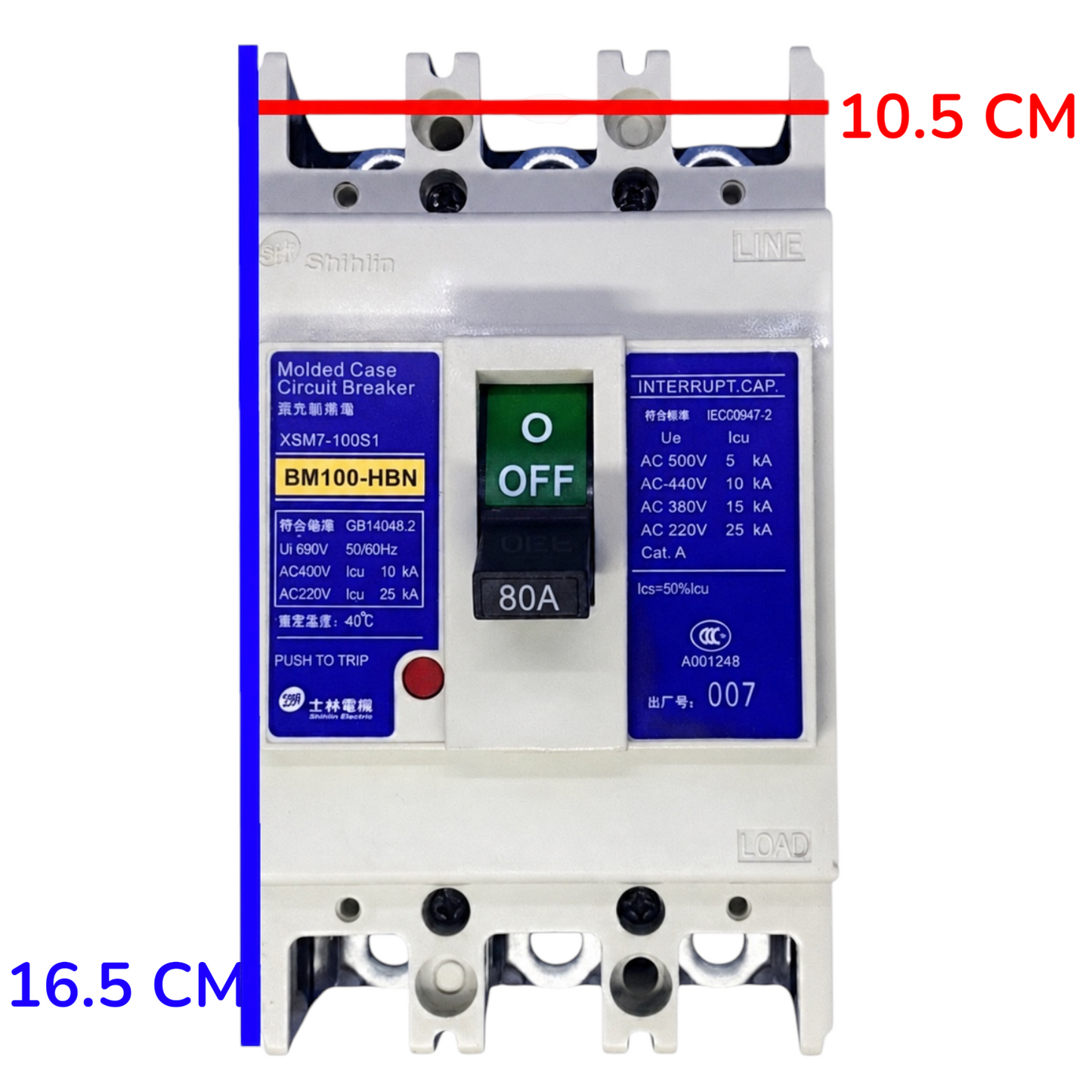A molded case circuit breaker shown front-on against a plain white background, with orange and green measurement annotations indicating 9 cm width and 15.5 cm height.