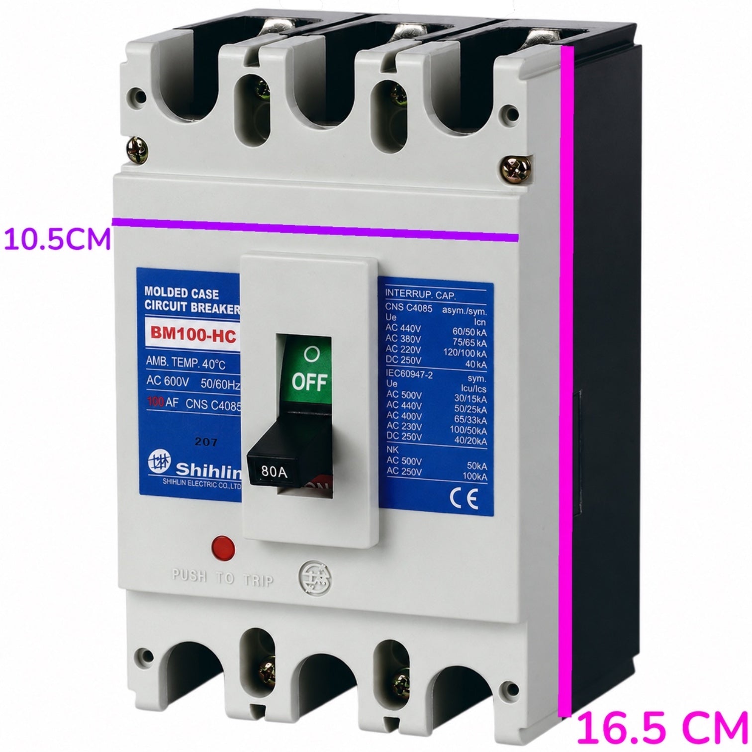 Shihlin BM100-HC molded case circuit breaker with dimension overlays showing 10.5 cm width and 16.