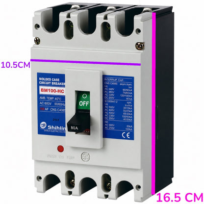 Shihlin BM100-HC molded case circuit breaker with dimension overlays showing 10.5 cm width and 16.