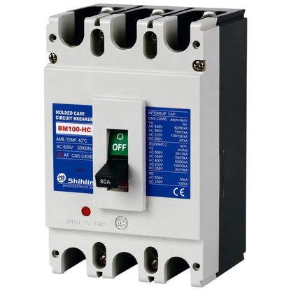 Shihlin BM100-HC molded case circuit breaker with a white front, black side housing, and blue technical labels, shown on a plain white background.