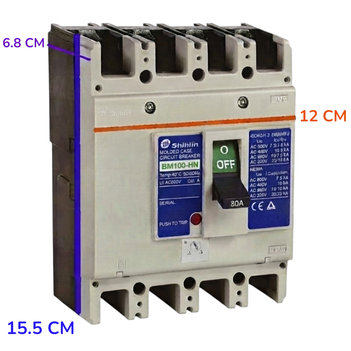 A Shihlin BM100-HN molded circuit breaker shown from the front with dimension callouts in blue and orange text indicating 6.8 cm, 12 cm, and 15.