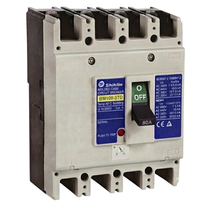 Shihlin BM100-STD molded case circuit breaker with a gray plastic housing, black terminal blocks, and blue and white technical labels.