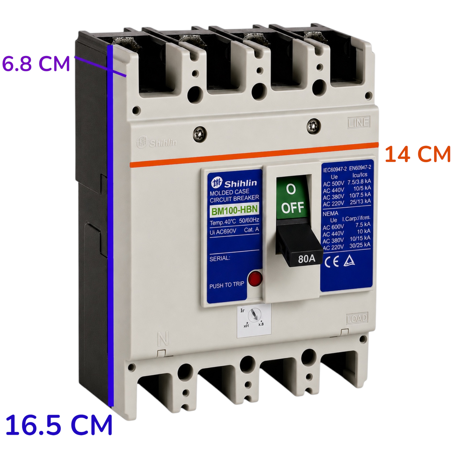 Shihlin BM100-HBN modular circuit breaker with dimension annotations showing 6.8 cm, 14 cm, and 16.