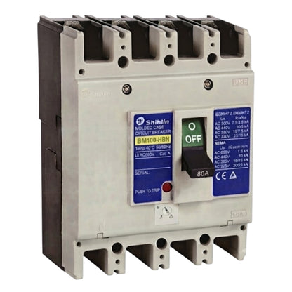 Shihlin BM100-HBN molded circuit breaker with a gray plastic housing, black terminal blocks, blue labels, and a green/off switch.