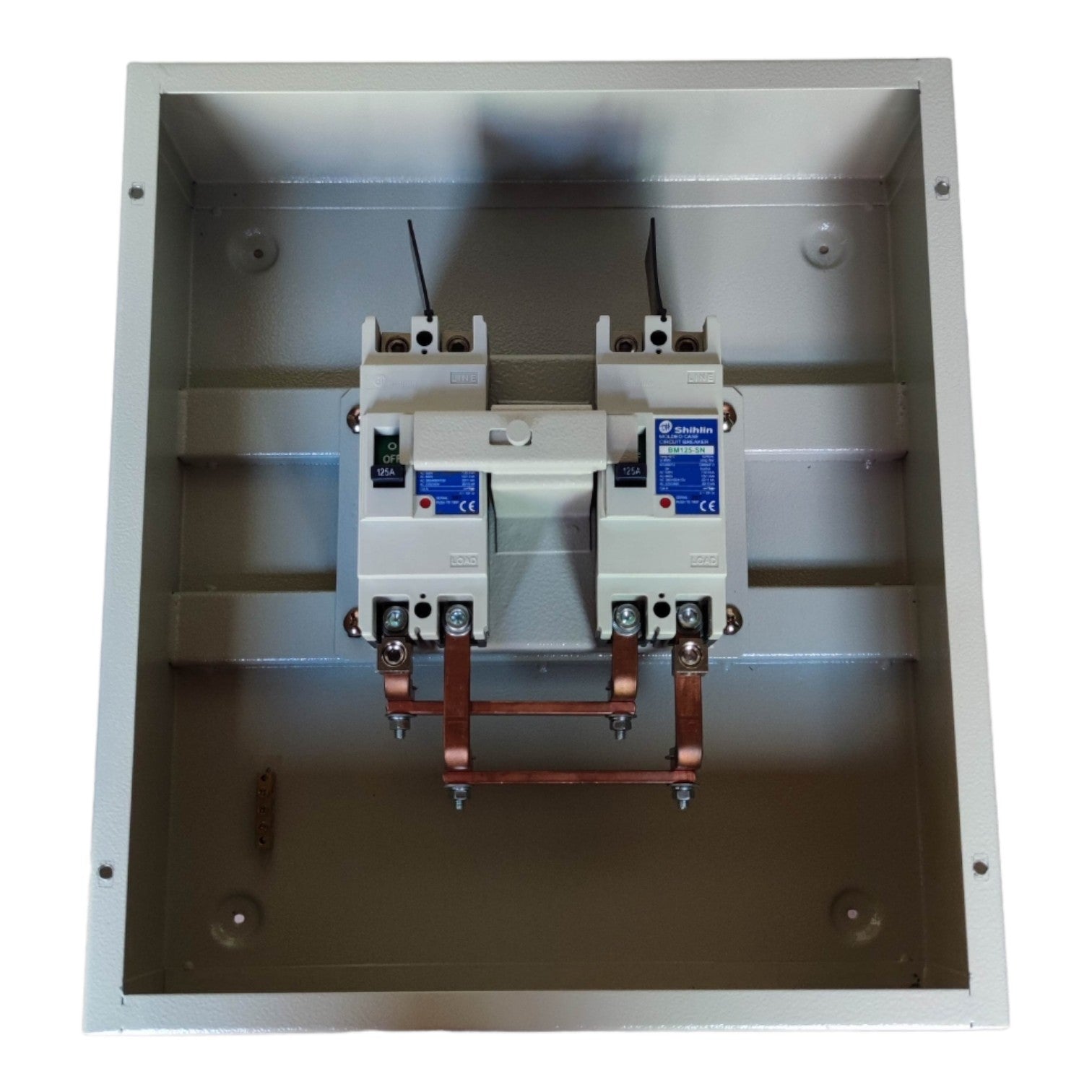 Electrical panel with circuit breakers and wiring on a white background