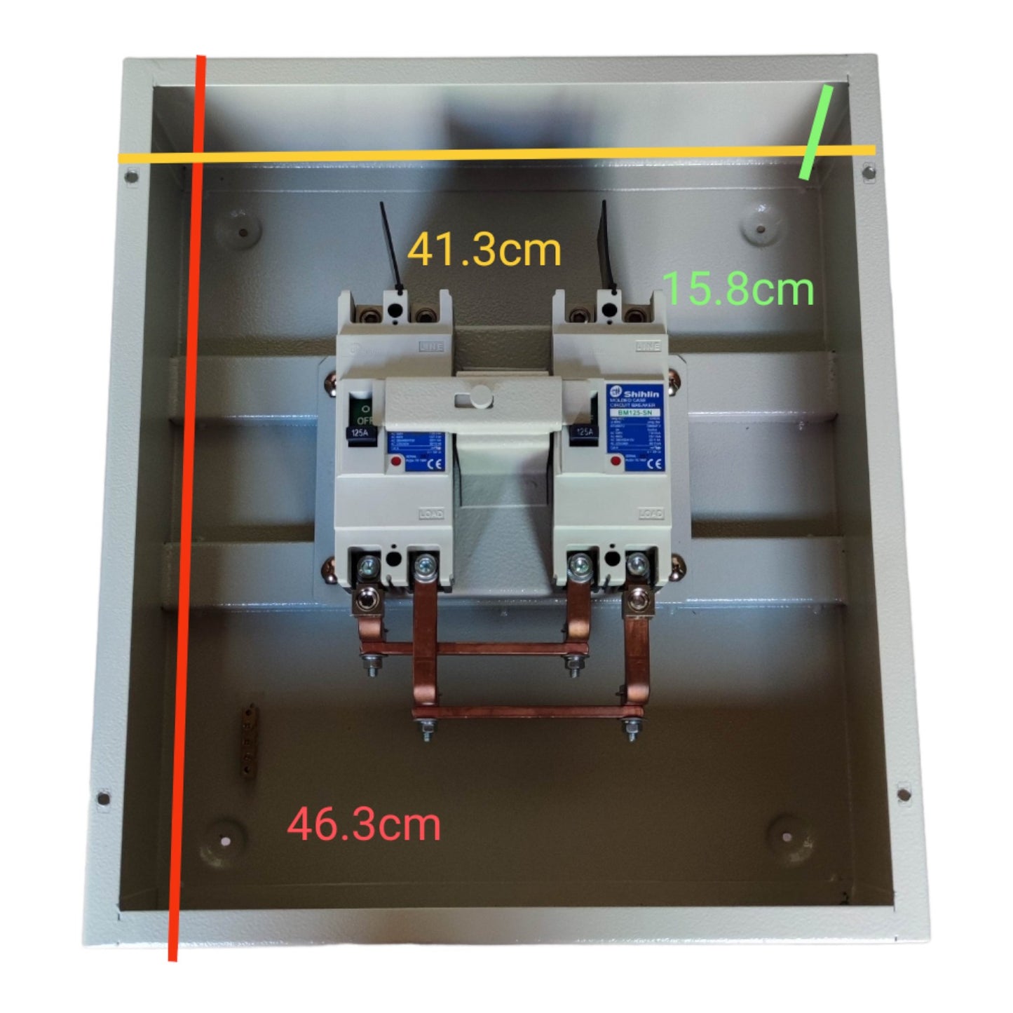 Electrical panel with mounted contactor and dimensions marked on a white background