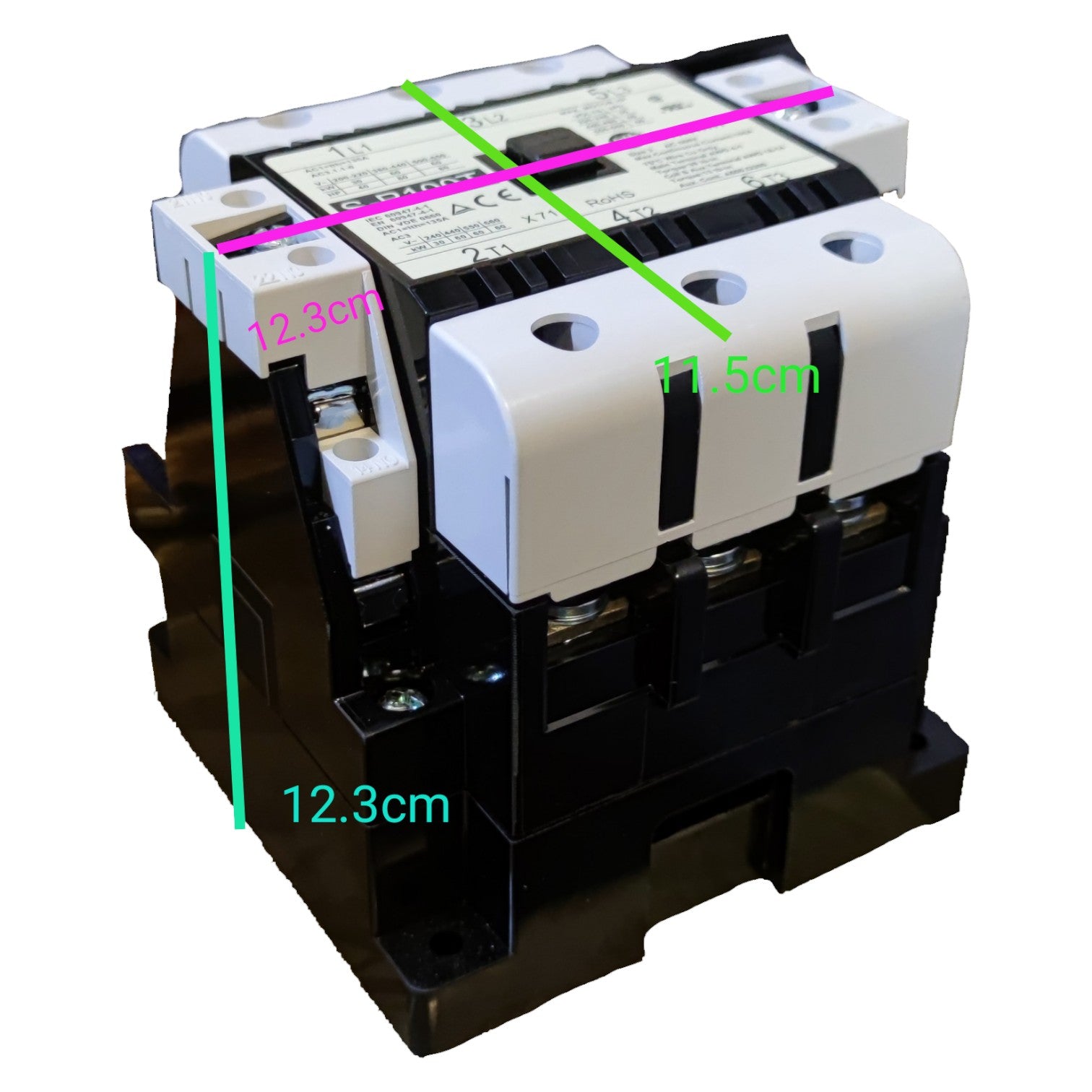 Electrical contactor with measurements marked on a white background