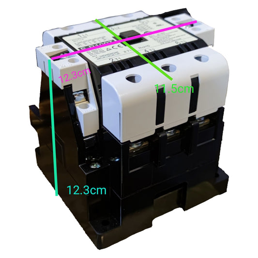 Electrical contactor with measurements marked on a white background
