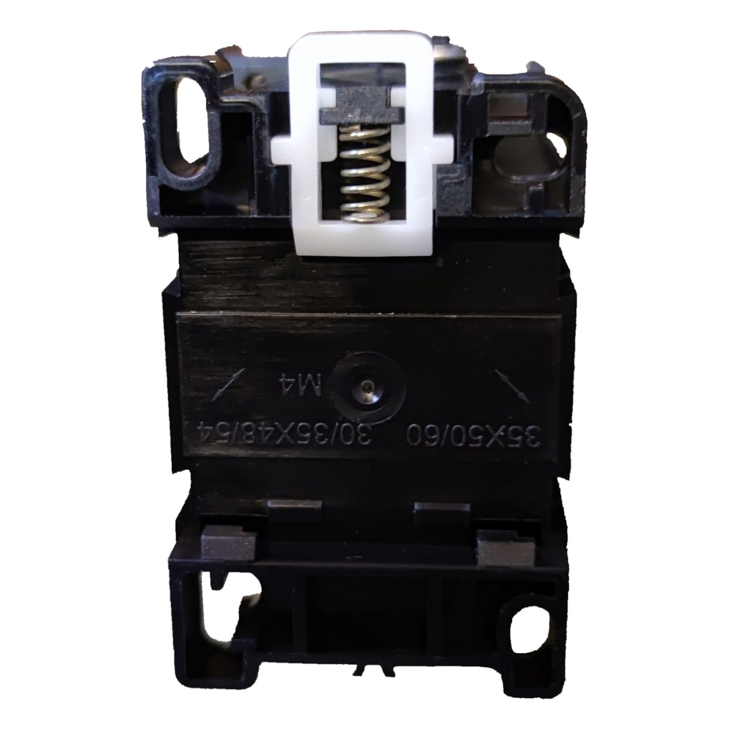 Mechanical component with black housing and white spring on a white background