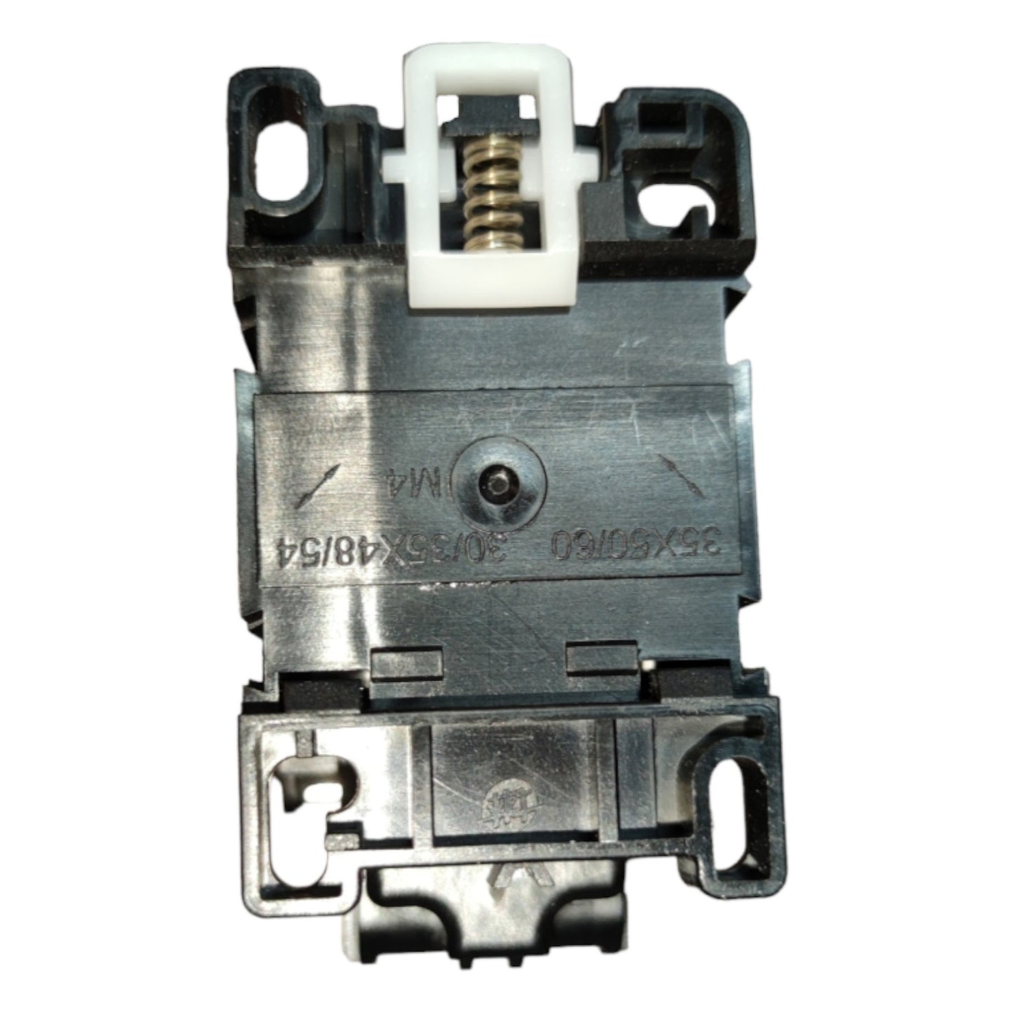 Mechanical component with metal and plastic parts on a white background