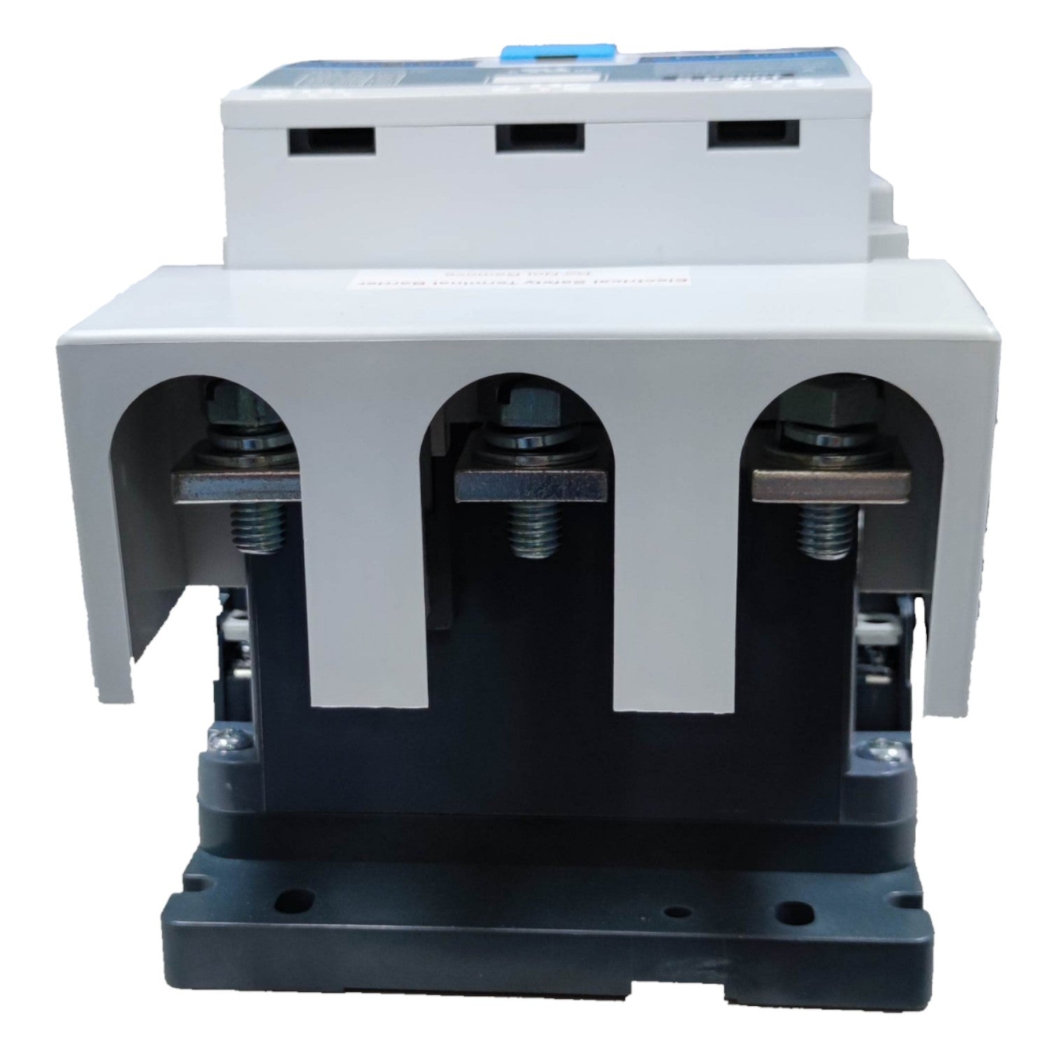 Electrical component with a white top and black base on a white background