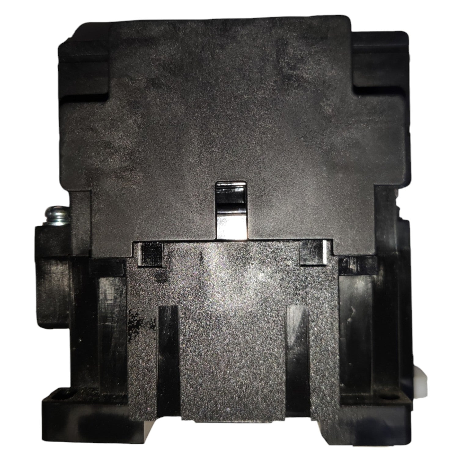 Black mechanical component on a white background