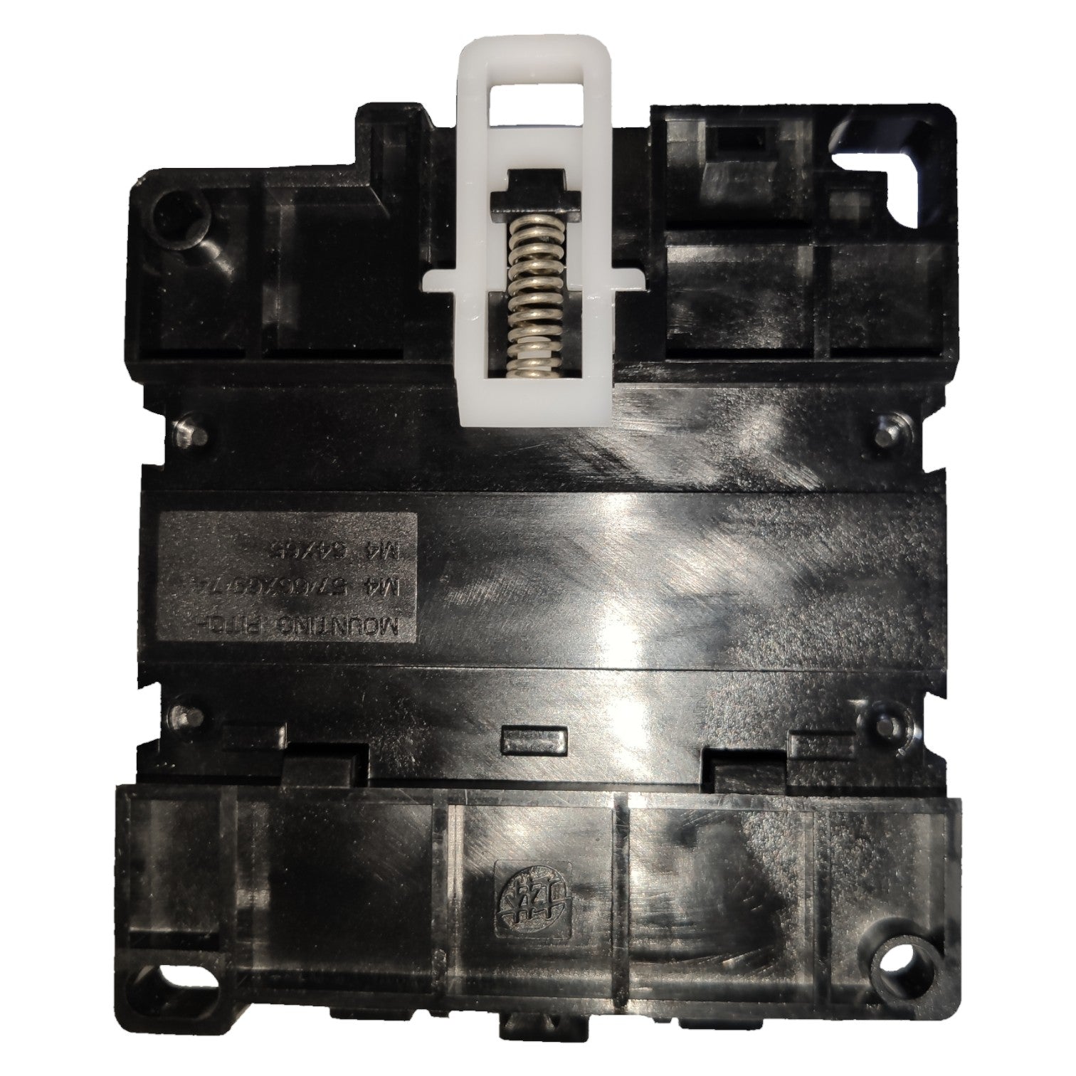 Mechanical component with metallic finish and plastic parts on a white background