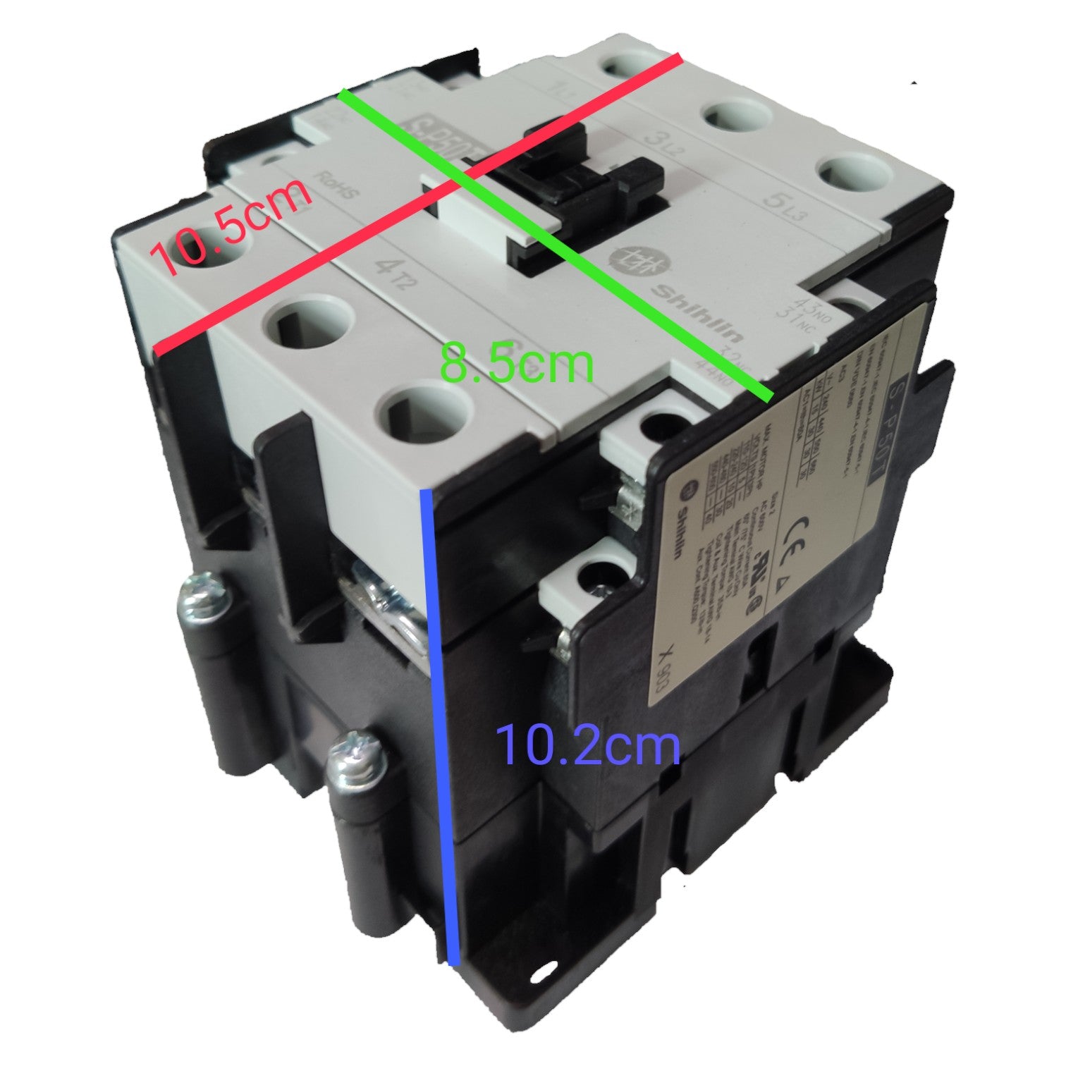 Electrical contactor with measurements marked on a white background