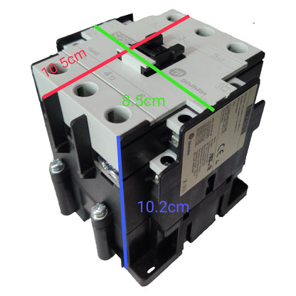 Electrical contactor with measurements marked on a white background