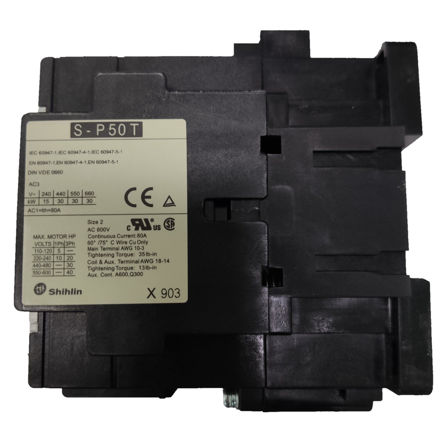 Black electrical contactor with label on a white background