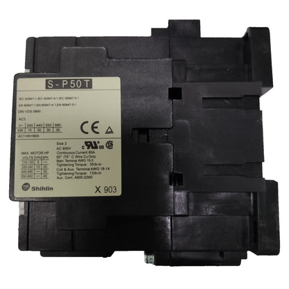 Black electrical contactor with label on a white background