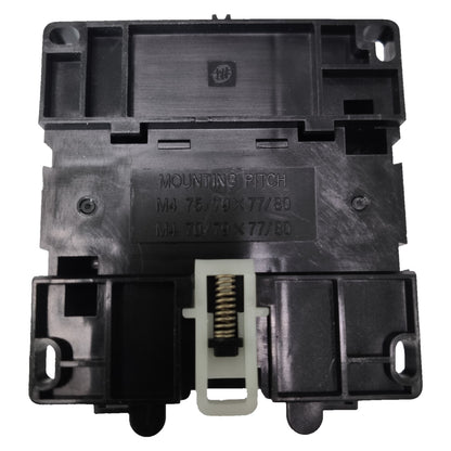 Black mechanical component with mounting pitch details on a white background