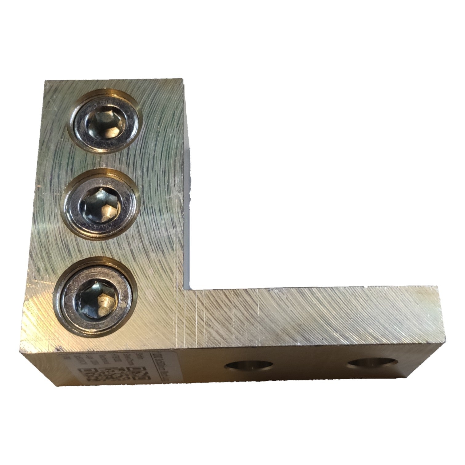 Metal component with three cylindrical holes on a white background