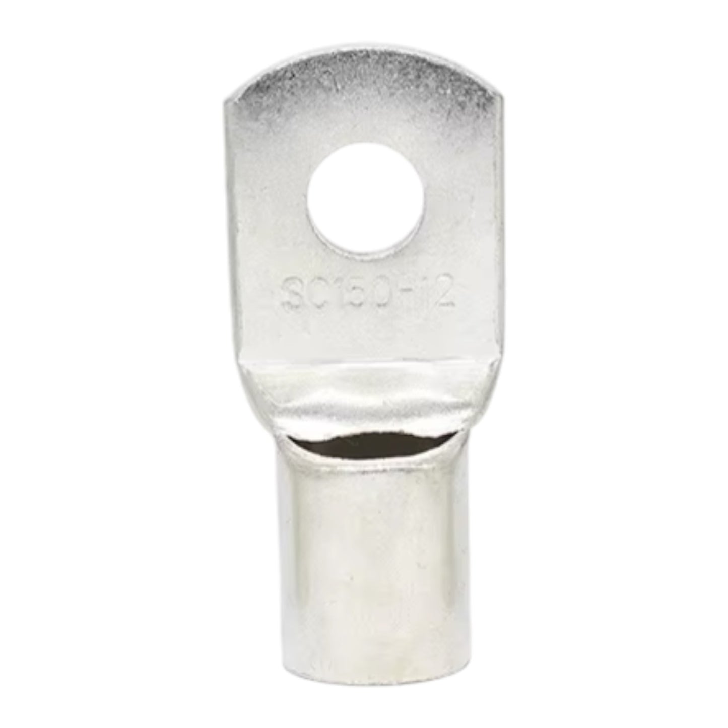 Metal terminal with a hole on a white background