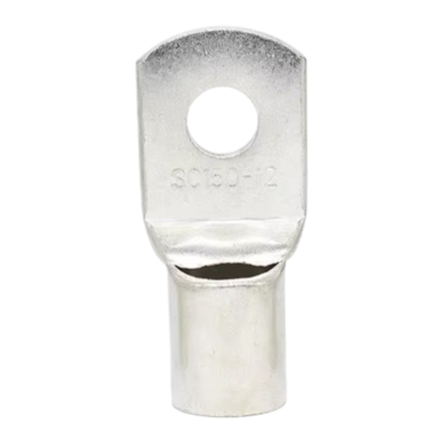 Metal terminal with a hole on a white background