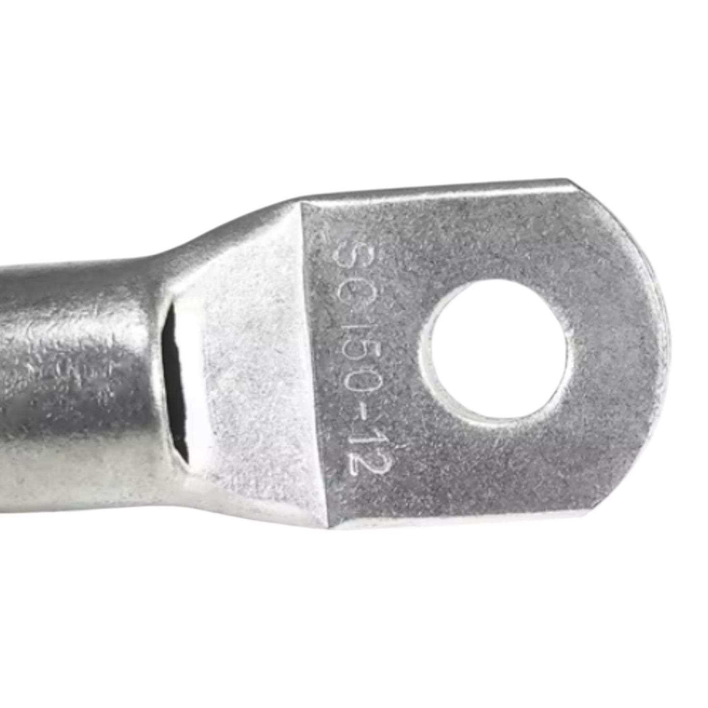 Metal terminal with a hole and engraved text on a white background