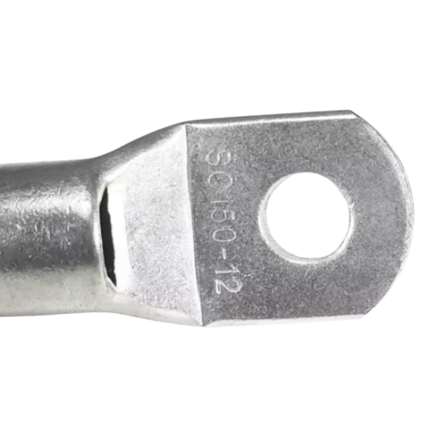 Metal terminal with a hole and engraved text on a white background