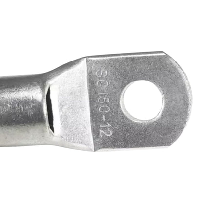 Metal terminal with a hole and engraved text on a white background