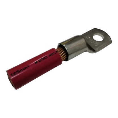 Red electrical connector with metallic sheath on a white background