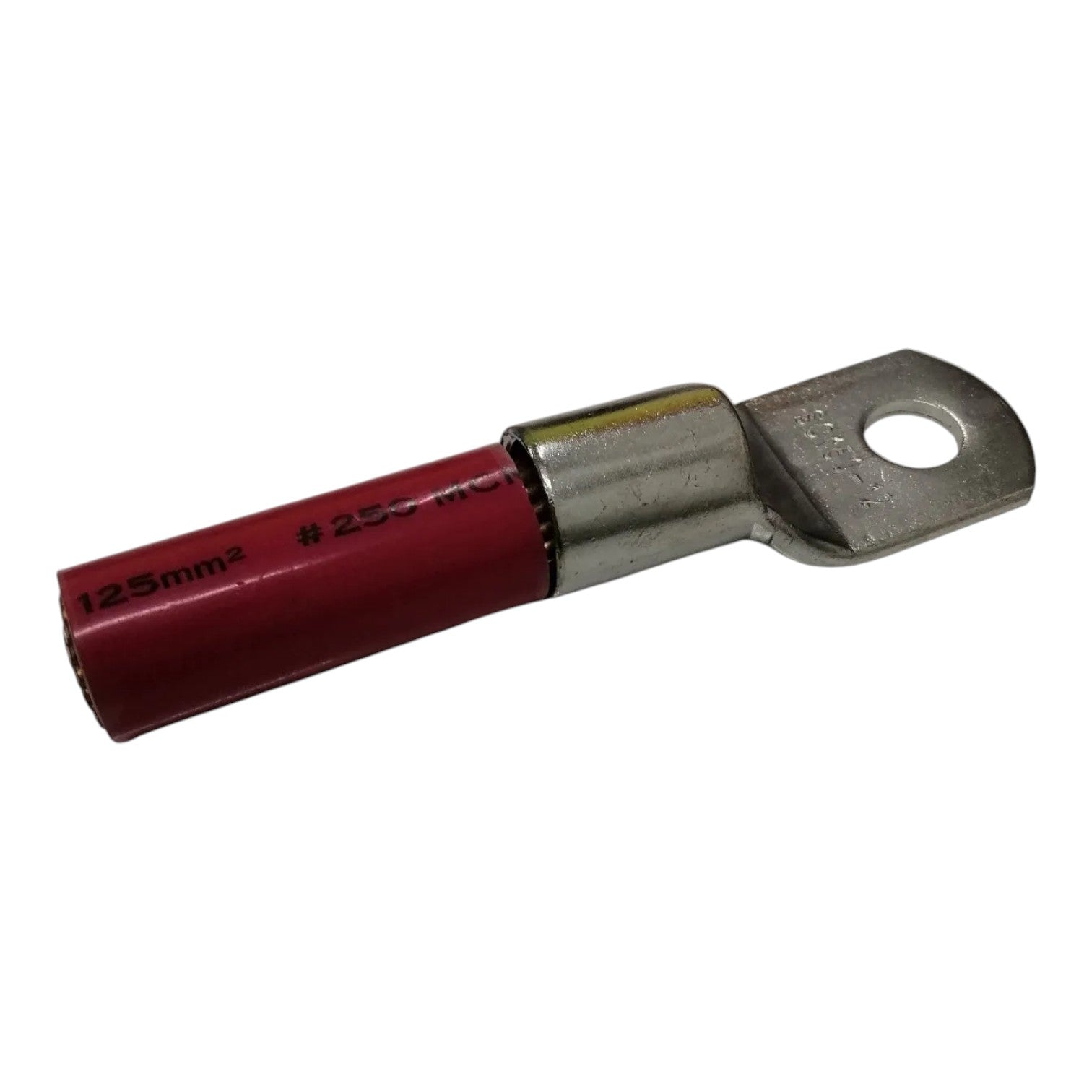 Electrical wire terminal with red insulation and metal contact on a white background